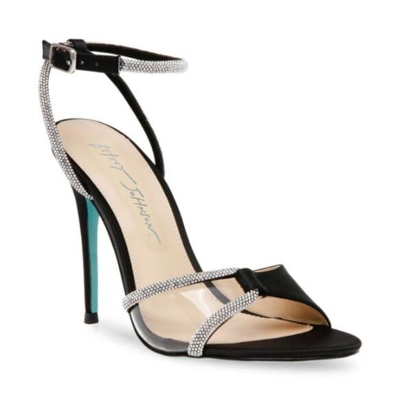 Blue by Betsey Johnson Vera Sandals Stiletto Womens 8.5 Black Satin Rhinestones - Picture 1 of 11